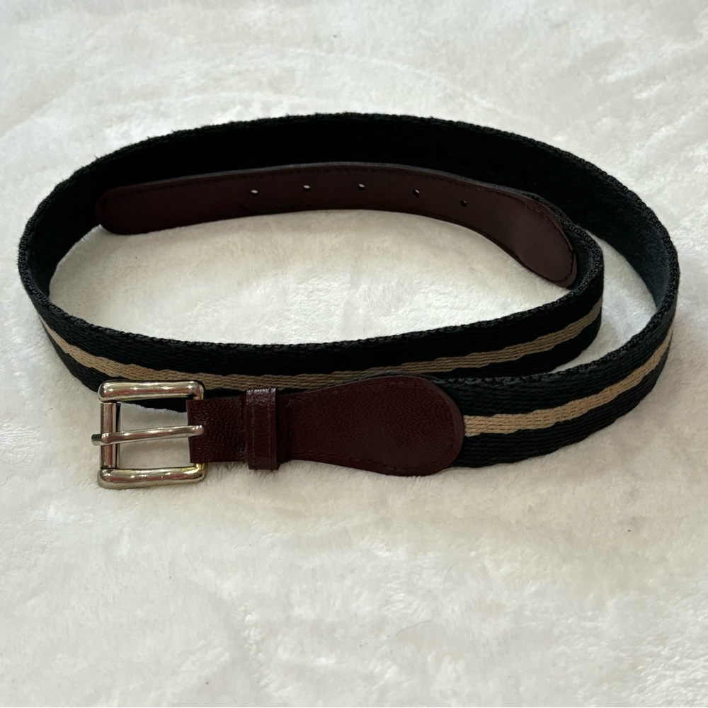 JOHN HENRY Vintage 80's Fabric Belt W/ Leather Trim - black/tan/brown